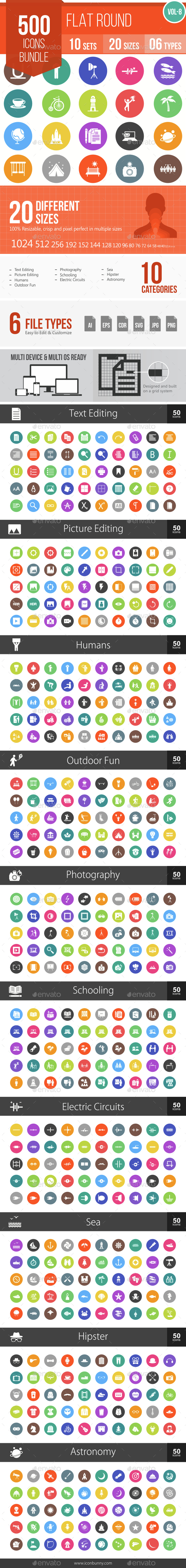 500 Vector Colorful Round Flat Icons Bundle (Vol-8) - Icons