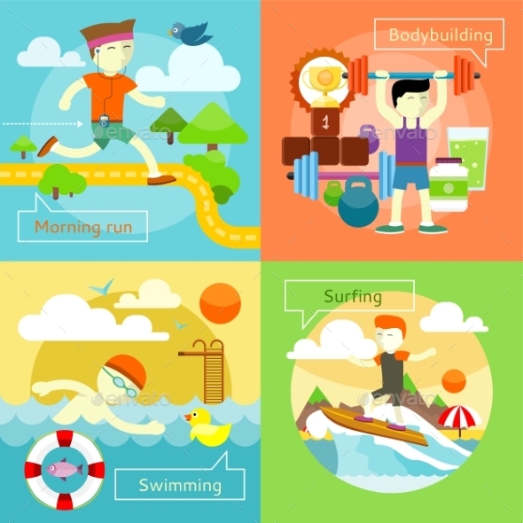 Surfing, Swimming, Morning Run And Bodybuilding - Sports/Activity Conceptual