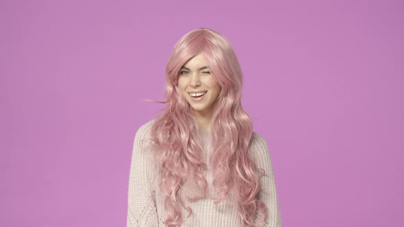 Relationship Beauty and Valentines Day Concept Lovely Adorable Caucasian Woman with Pink Wig alt