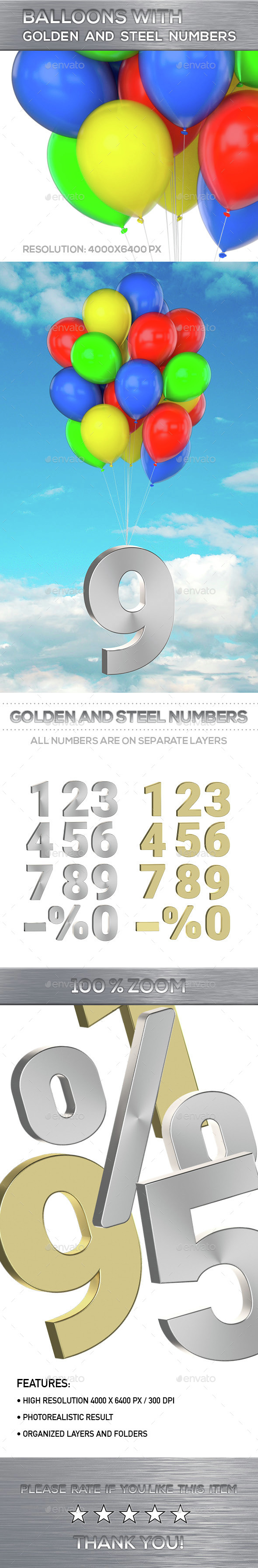 Balloons With Golden and Steel Numbers - 3D Renders Graphics