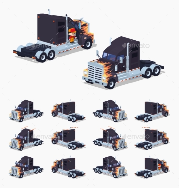 Black Heavy American Truck with a Fire Pattern - Man-made Objects Objects