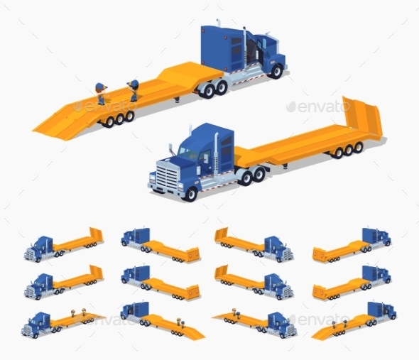 Blue Heavy Truck with Yellow Low-Bed Trailer - Man-made Objects Objects
