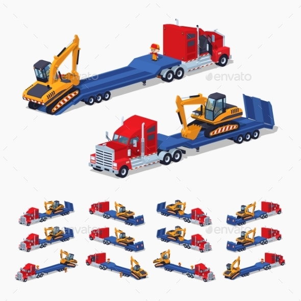 Red Heavy Truck with Yellow Excavator - Man-made Objects Objects