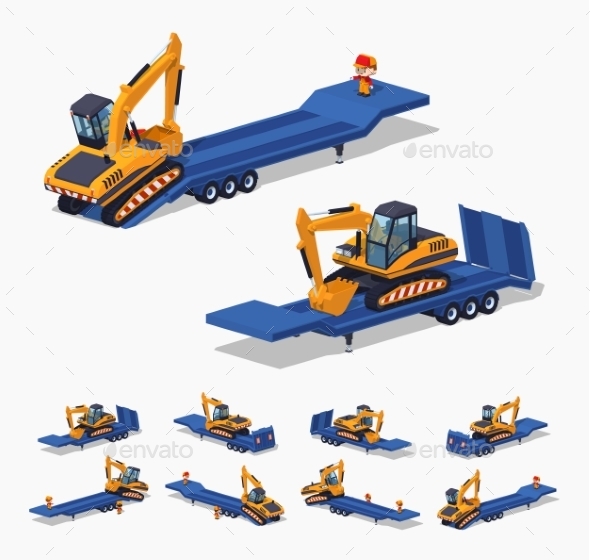 Yellow Excavator on the Blue Low-Bed Trailer - Man-made Objects Objects