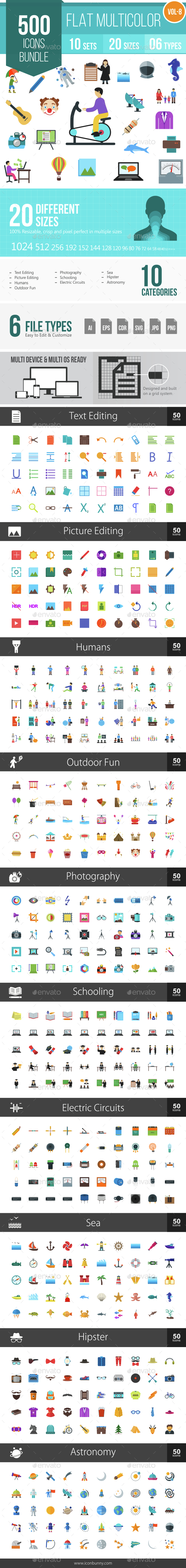 500 Vector Colorful Flat Icons Bundle (Vol-8) - Icons