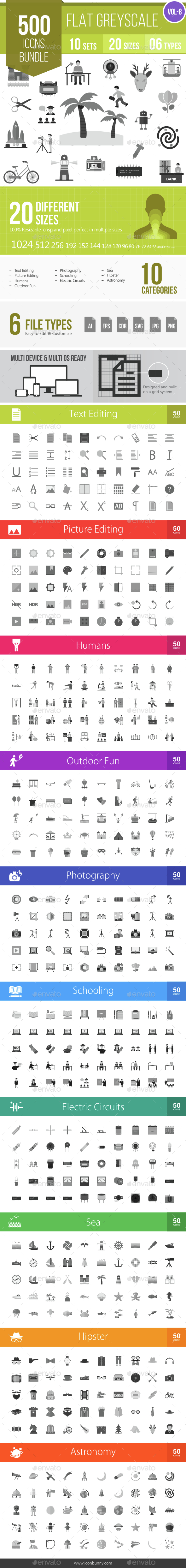 500 Vector Greyscale Flat Icons Bundle (Vol-8) - Icons