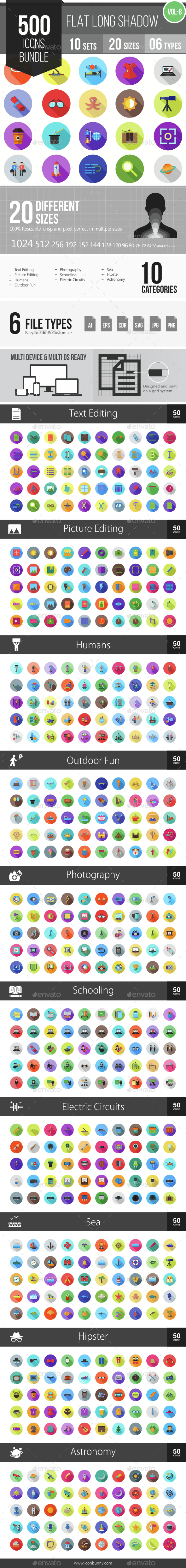 500 Vector Long Shadow Colorful Flat Icons Bundle (Vol-8) - Icons