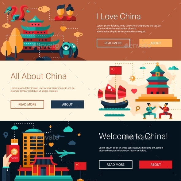Flat Design China Travel Banners Set - Buildings Objects