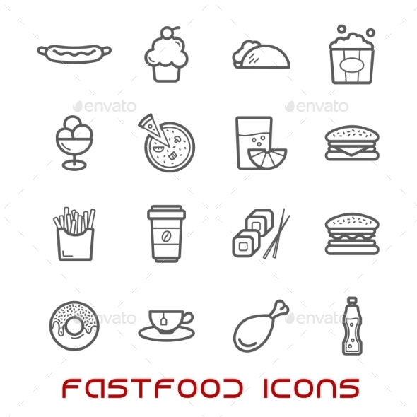 Restaurant And Fast Food Thin Line Icons - Food Objects
