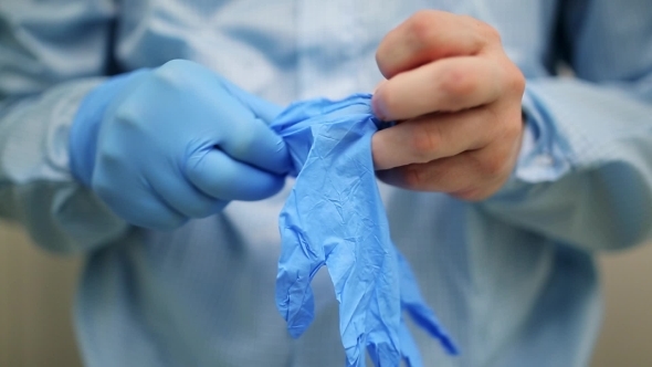 Scientist Puts On Medical Gloves