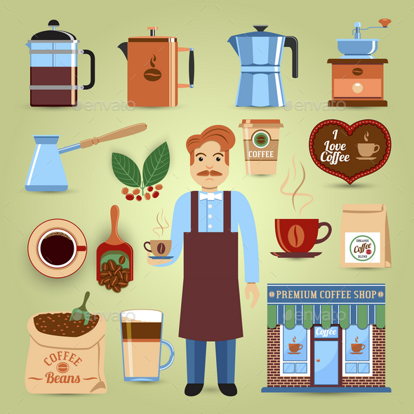 Colorful Set of Coffee Icons - Food Objects