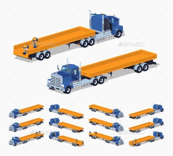 Blue Heavy Truck And Trailer With The Yellow Open - Man-made Objects Objects