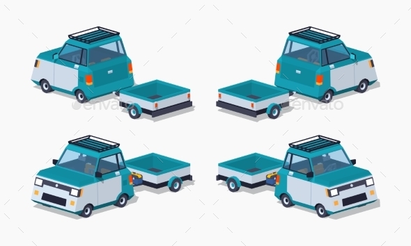 Blue Compact Car With The Trailer - Man-made Objects Objects