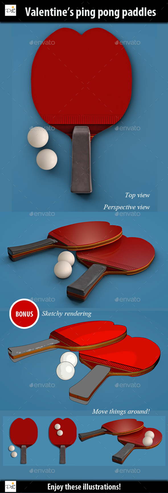 Valentine's heart shaped ping pong paddles - Objects Illustrations