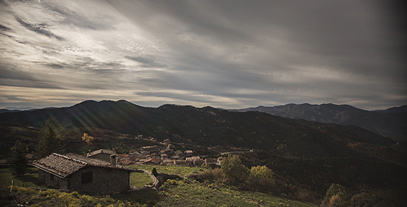 House, Clouds, Mountains and Fields