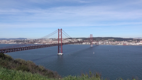 Panoramic View On The 25 De Abril Bridge In Lisbon