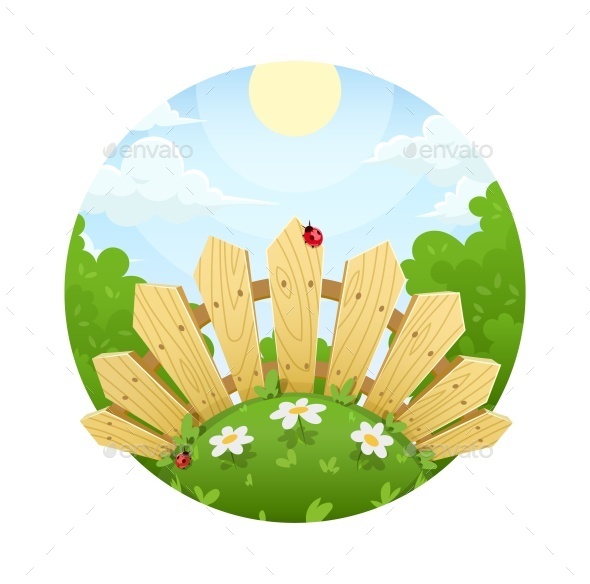 Wooden Fence on Lawn with Flower - Vectors