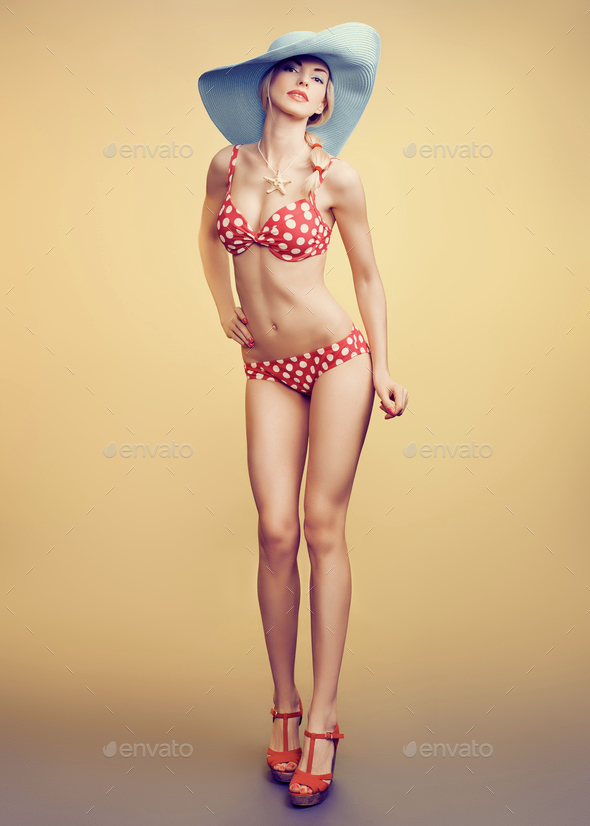 Beauty in swimsuit, hat Stock Photo by 918Evgenij