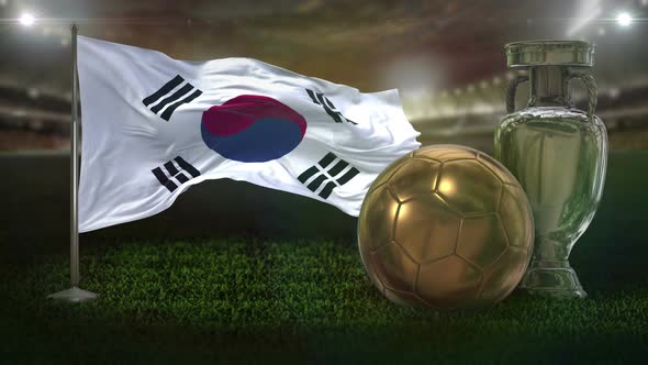 South Korea Flag With Football And Cup Background Loop 4K alt