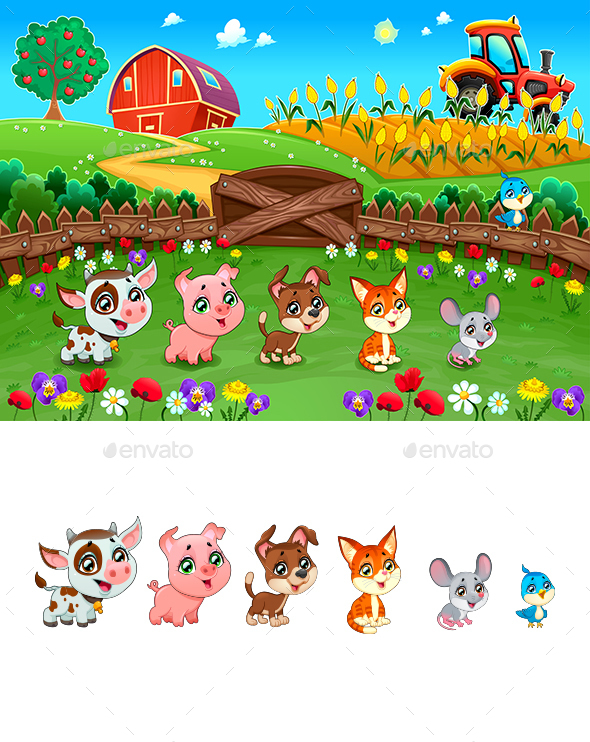 Landscape with Farm Animals - Animals Characters