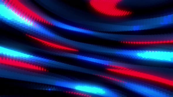 Red and blue dots move in iridescent lines on an inclined plane. Futuristic modern design animation