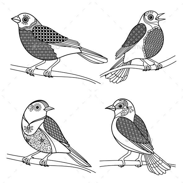 Hand Drawn Zentangle Birds - Animals Characters