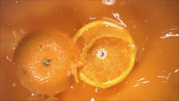 Orange Fruit Falling on Juice with Splash and Divided in Half alt