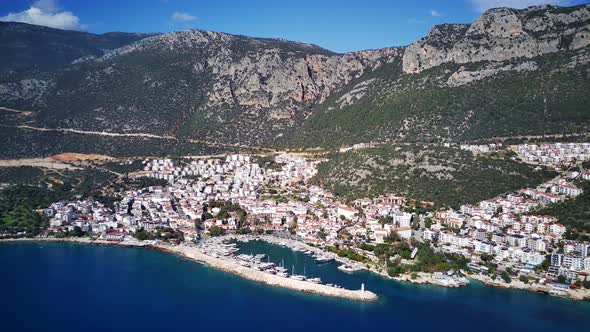 The top view from the drone of Kas resorts, bay, yahts, city in Mugla in Turkey alt