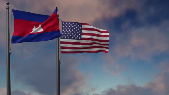 Cambodia Flag Waving Along With The National Flag Of The USA - 4K alt