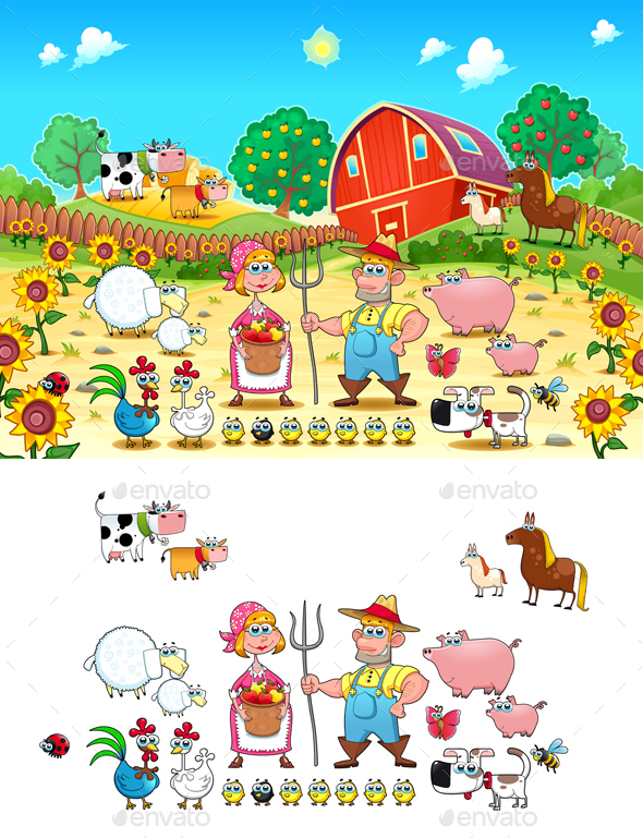 Funny Farm Scene with Animals and Farmers - Animals Characters