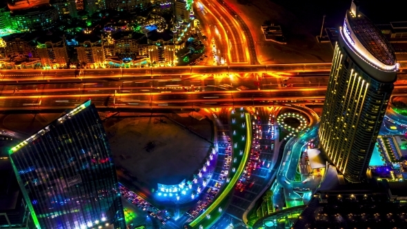 Night View Highway From Aerial In Dubai. alt