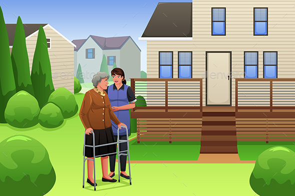 Lady Helping Elderly Woman Walking - People Characters