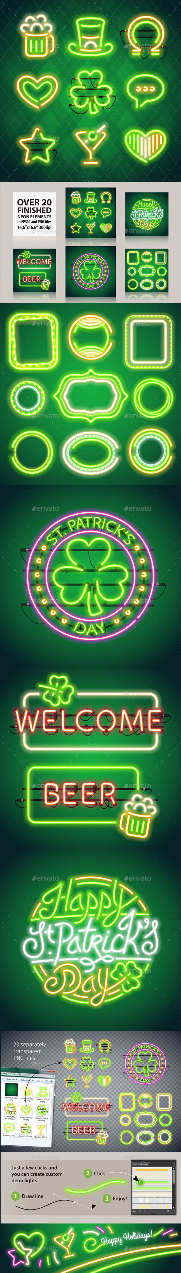 St Patricks Day Glowing Neon Signs Set - Decorative Symbols Decorative
