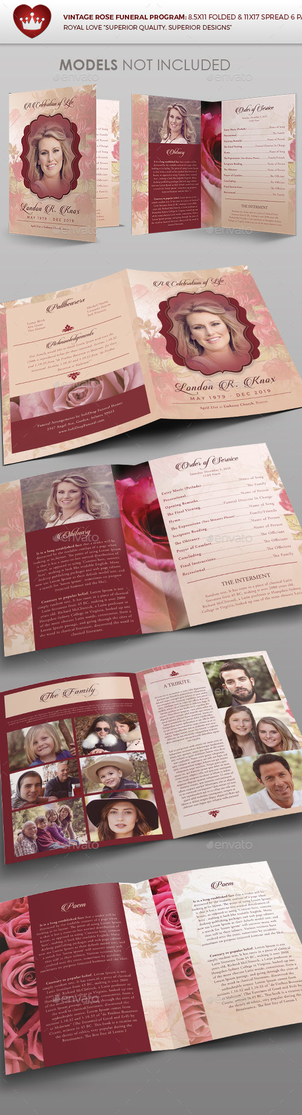Vintage Rose Funeral Program Template - Brochures Print Templates