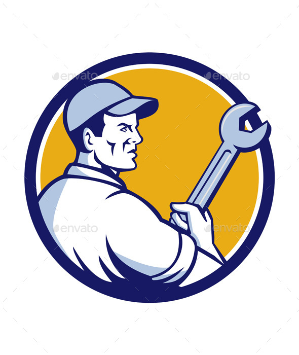 Mechanic Holding Monkey Wrench Circle Retro - People Characters