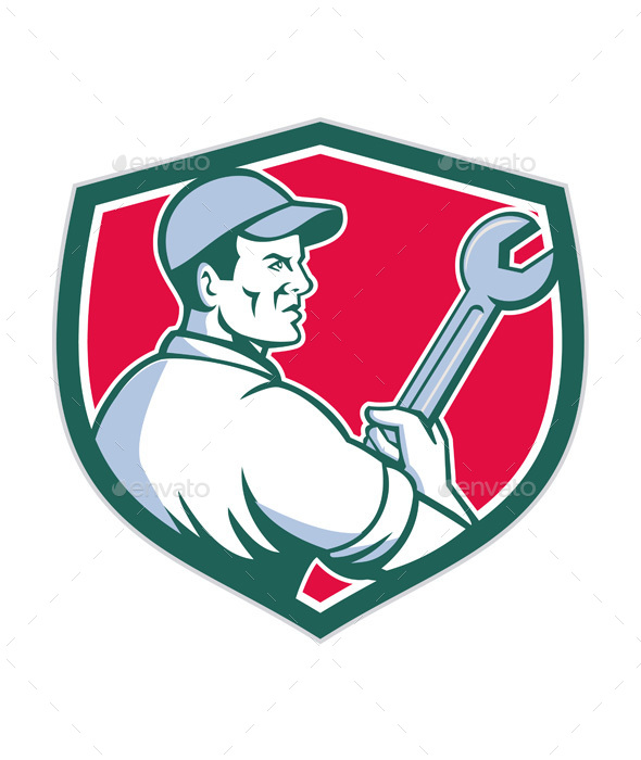 Mechanic Holding Monkey Wrench Shield - People Characters