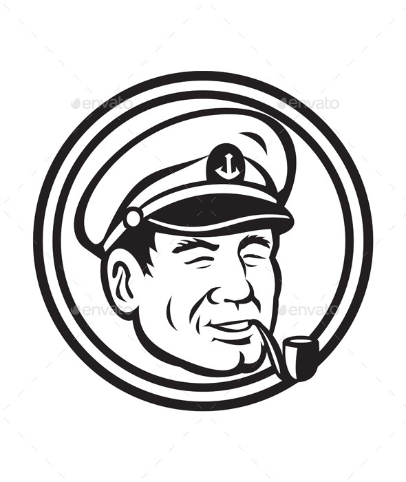 Sea Captain Pipe Smoke Circle Black and White - People Characters