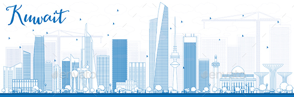 Outline Kuwait City Skyline with Blue Buildings - Buildings Objects