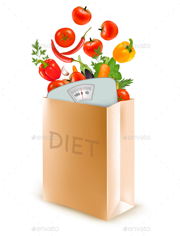 Diet Paper Bag With a Scale and Vegetables Concept - Food Objects