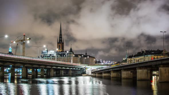Bridges in Stockholm City at Night Time Lapse Tilt