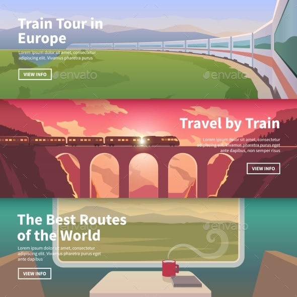 Web Banners On The Theme Of Travel By Train - Landscapes Nature