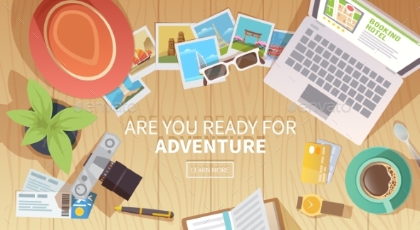 Travel Vector Banner. Top View - Computers Technology