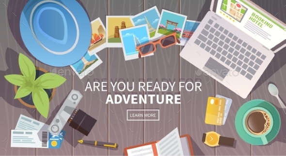 Travel Vector Banner. Top View - Computers Technology