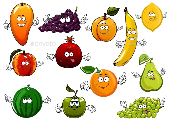 Cartoon Happy Fresh Fruits Characters - Food Objects