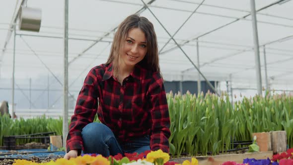 Joyful Young Female Florist with a Smile Sitting Near Colorful Flowers alt