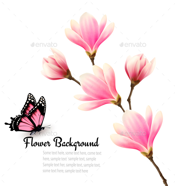 Blossom Branch of Pink Flowers and Butterfly - Flowers & Plants Nature