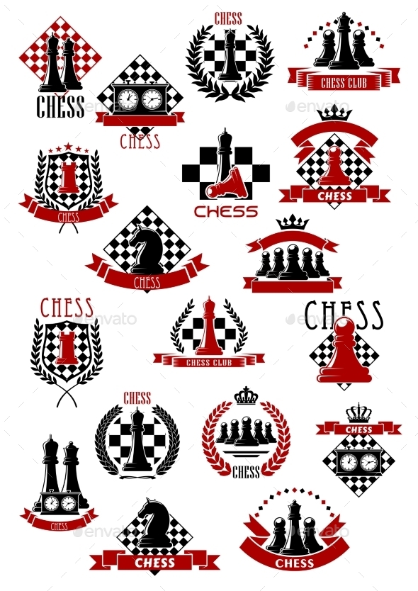 Chess Game Icons with Chessboards and Pieces - Sports/Activity Conceptual