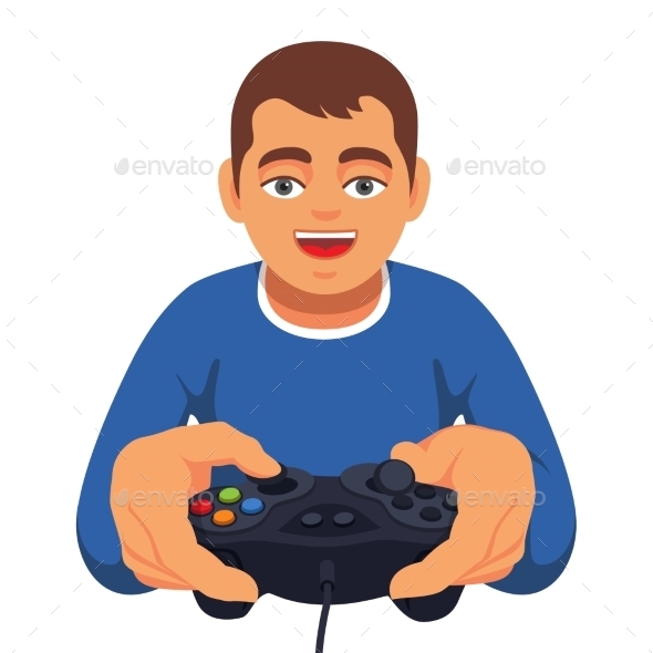 Teen Boy Gaming with Gamepad Controller - People Characters