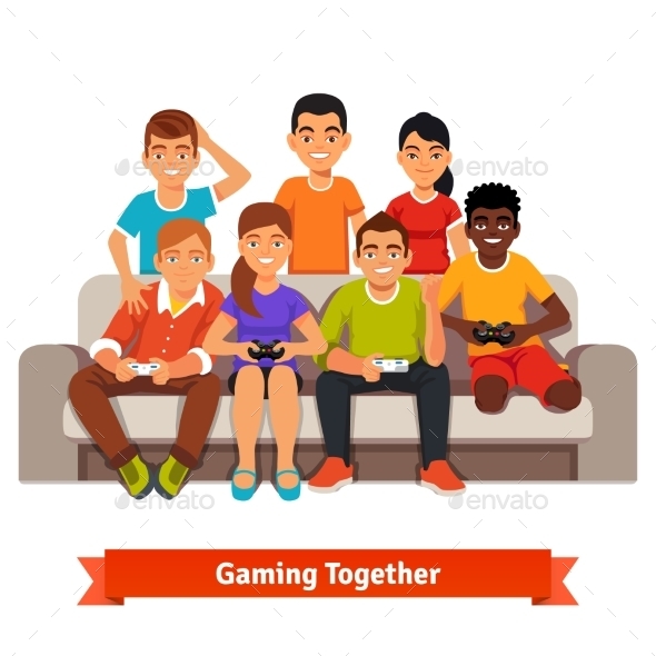 Group of Teen Friends Having a Video Games Party - People Characters