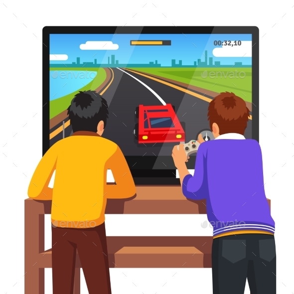 Two Kids Playing Video Games - People Characters